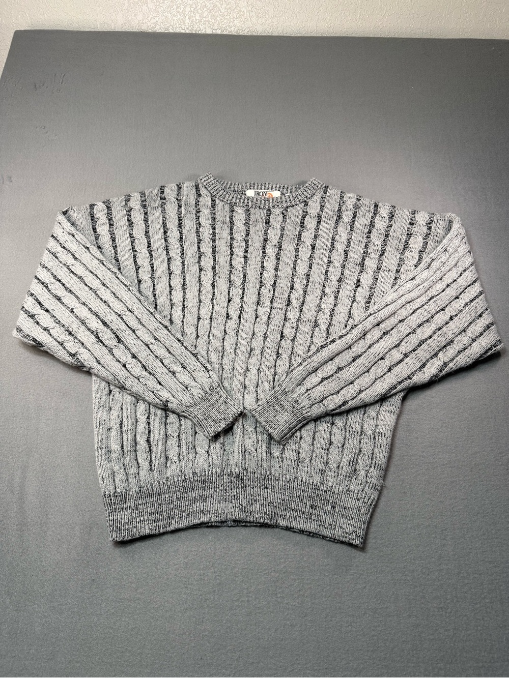 Iron Wood Trading Company Men's XL Gray Striped Cable-Knit Crew Neck Sweater